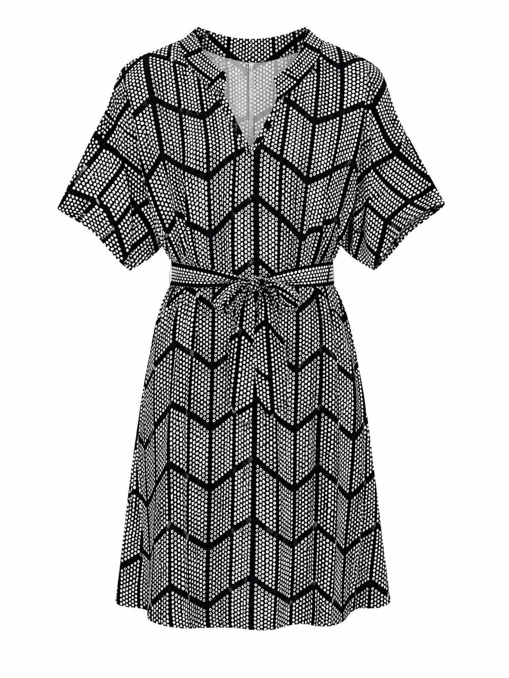 Plus Size Black and White Geometric Print Belted Dress
